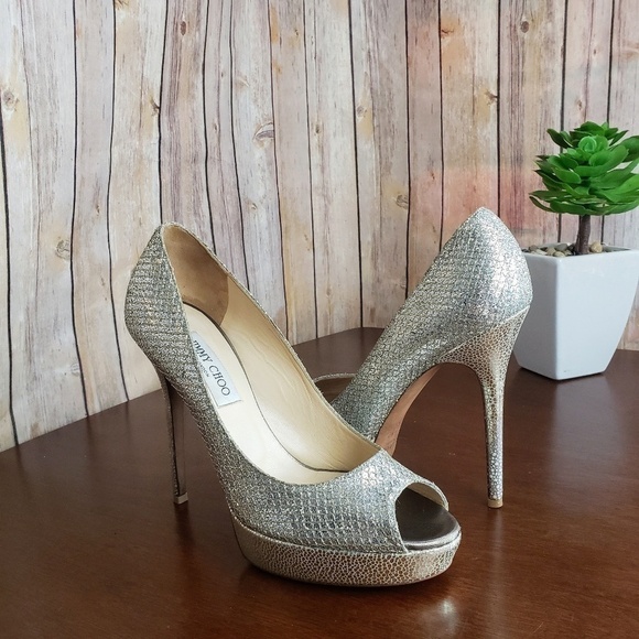 Jimmy Choo LUNA 100 Champagne Glitter Fabric Peep - Picture 1 of 6